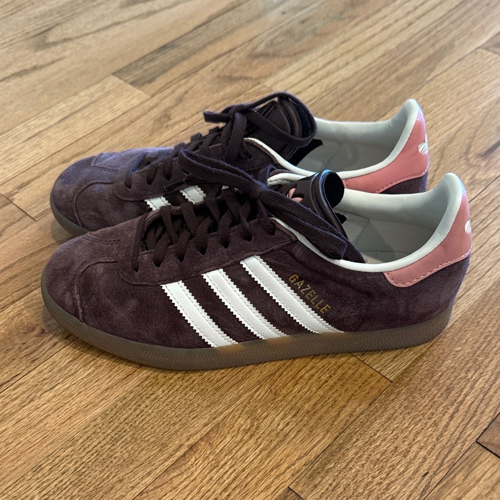 adidas Gazelle women’s Plum Suede Sneakers with Pink Heel Tab